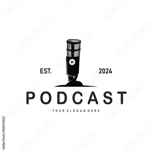 Microphone logo design, black silhouette concept of condenser microphone for podcast, simple vintage and modern design for business brand illustration template or poster