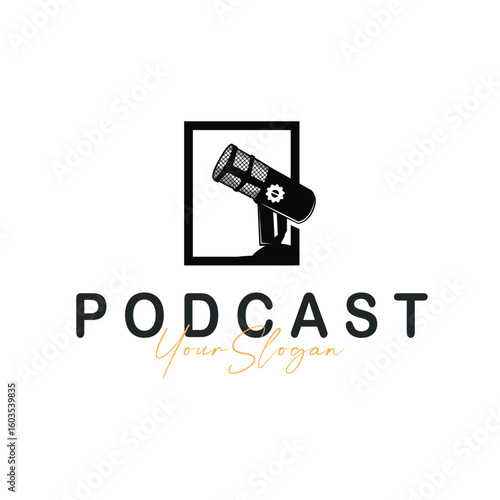 Microphone logo design, black silhouette concept of condenser microphone for podcast, simple vintage and modern design for business brand illustration template or poster