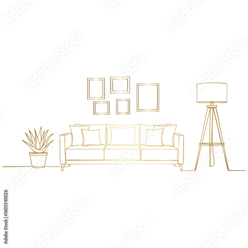 Golden Interior Outline with Sofa, Lamp, Plant, and Frames on Transparent Backdrop