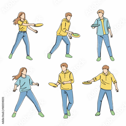 Set of Young People Playing Frisbee in Continuous Line Art Style, Illustrating Outdoor Sport and Leisure Activities.