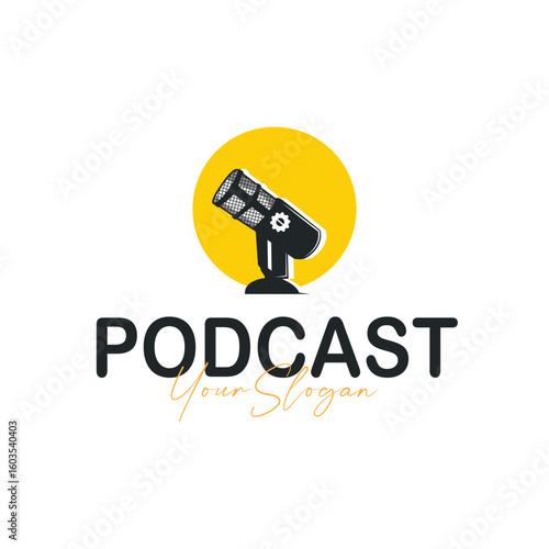 Microphone logo design, black silhouette concept of condenser microphone for podcast, simple vintage and modern design for business brand illustration template or poster