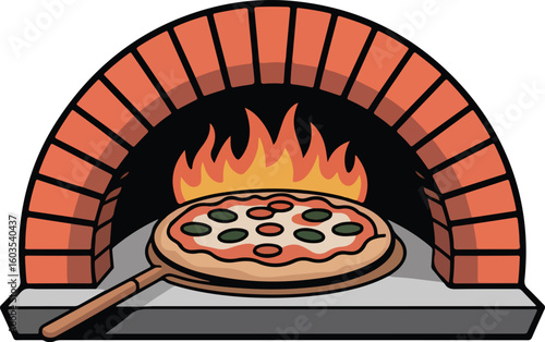 A delicious pizza cooking in a wood-fired oven, Transparent png vector 