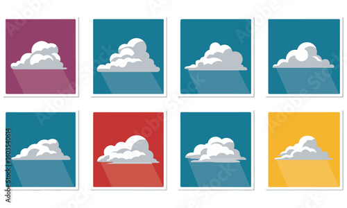 Diverse Cloud Formations Vector Set: Collection of Stylized Weather Clouds Including Cumulus, Stratus, Nimbus, and Rain Clouds for Meteorology, Design, and Educational Use.