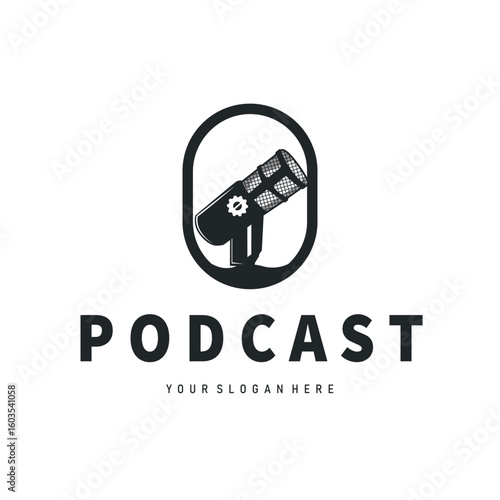 Microphone logo design, black silhouette concept of condenser microphone for podcast, simple vintage and modern design for business brand illustration template or poster