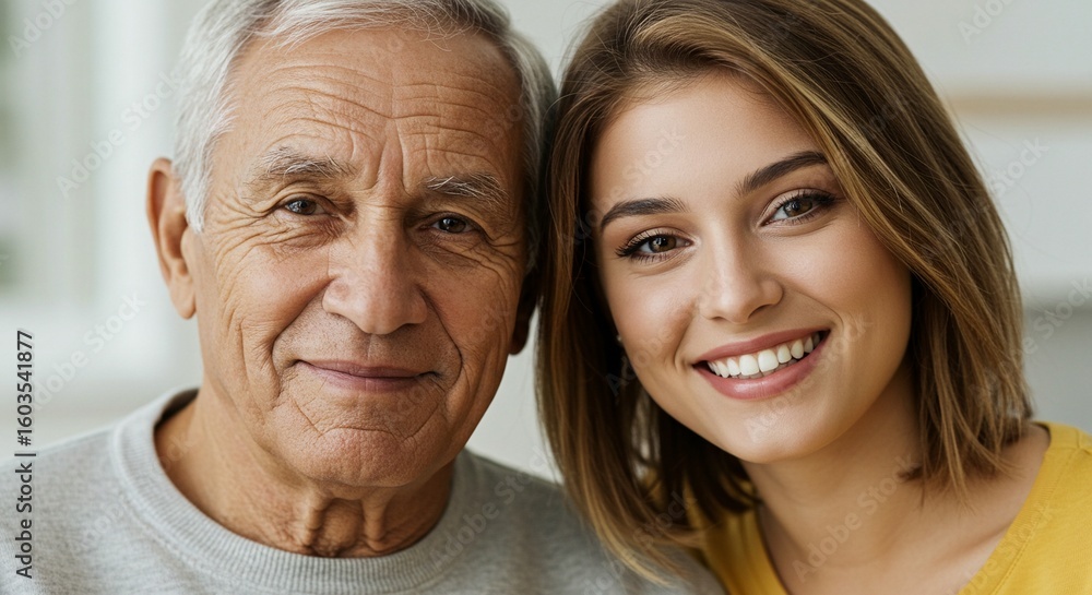 A multigenerational portrait showcasing an elderly man and a younger woman, highlighting a strong bond and shared smiles. A multigenerational portrait showcasing an elderly man and a younger woman, highlighting a strong bond and shared smiles.