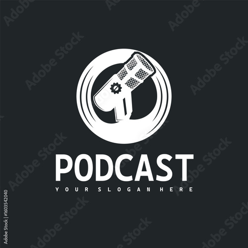 Microphone logo design, black silhouette concept of condenser microphone for podcast, simple vintage and modern design for business brand illustration template or poster
