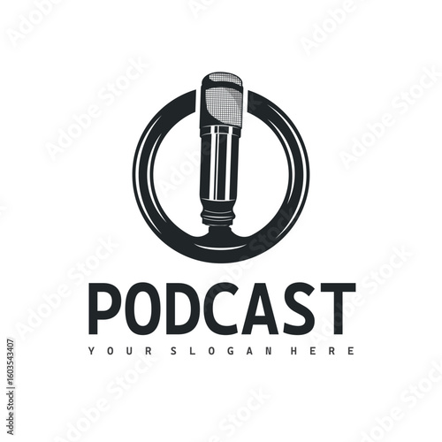 Microphone logo design, black silhouette concept of condenser microphone for podcast, simple vintage and modern design for business brand illustration template or poster