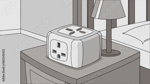 Compact Travel Power Adapter on Nightstand Beside Bedside Lamp.
