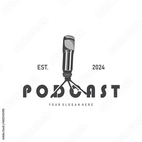Microphone logo design, black silhouette concept of condenser microphone for podcast, simple vintage and modern design for business brand illustration template or poster