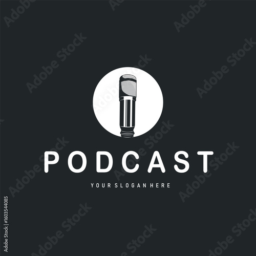 Microphone logo design, black silhouette concept of condenser microphone for podcast, simple vintage and modern design for business brand illustration template or poster
