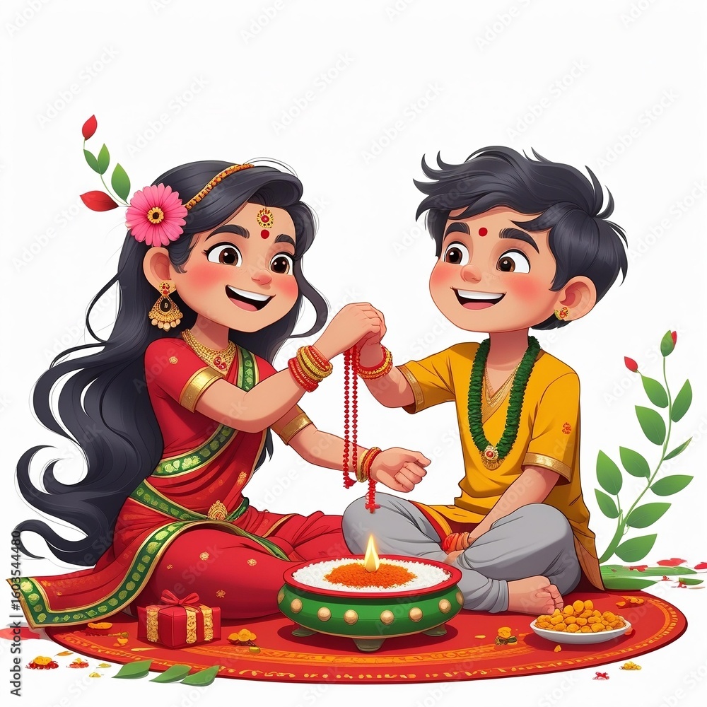 Fototapeta premium Cute Indian Brother and Sister Celebrating Raksha Bandhan with Rakhi and Gifts – AI-Generated