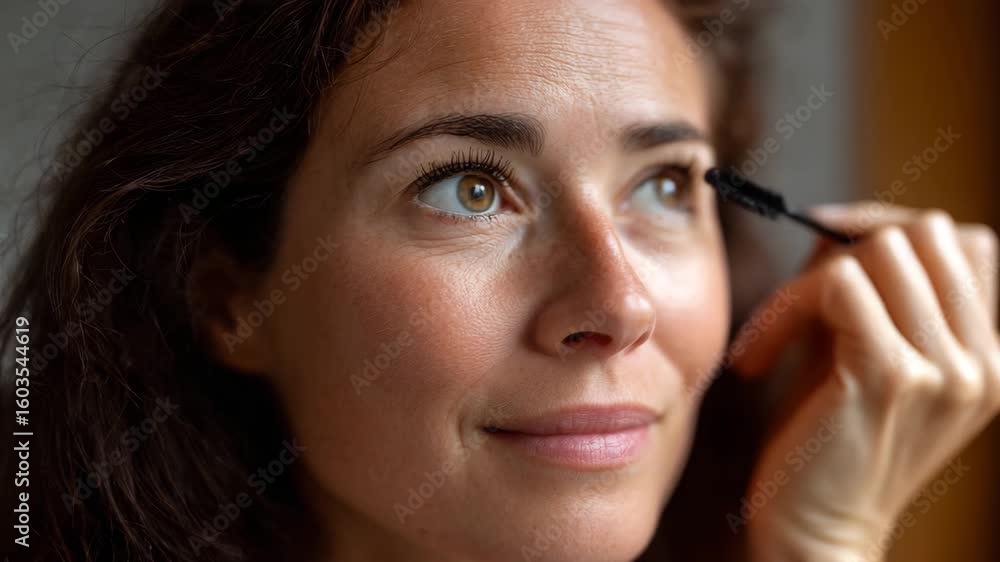 A woman delicately applies mascara, showcasing a moment of self-care and beauty in soft natural light, emphasizing her facial features and enhancing her natural allure. A woman delicately applies mascara, showcasing a moment of self-care and beauty in soft natural light, emphasizing her facial features and enhancing her natural allure.