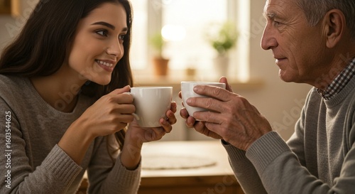 An older man and a younger woman are enjoying a beverage together while facing each other in a bright and warm indoor setting.