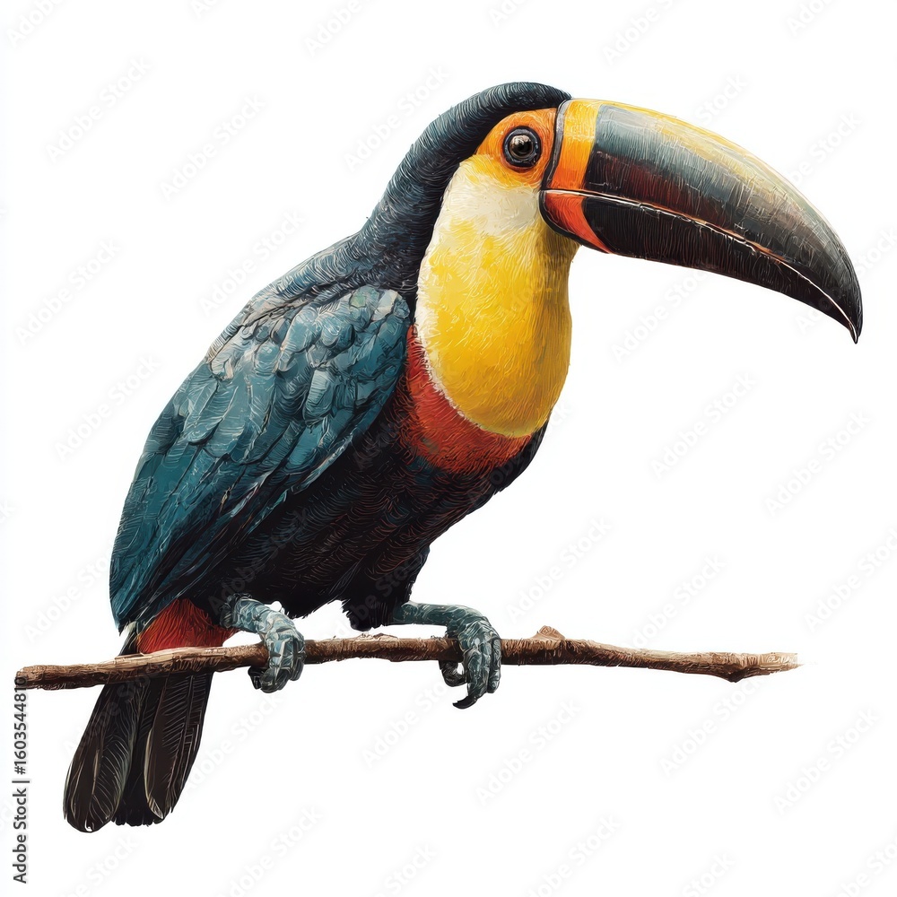 Fototapeta premium Vibrant toucan bird perched on a branch isolated on white background