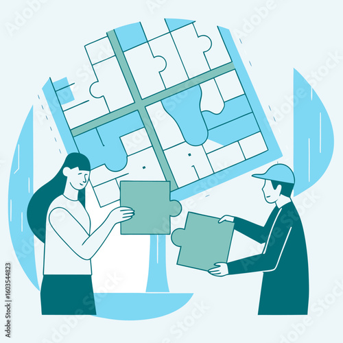Urban planners assembling city map puzzle infrastructure vector