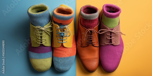Two pairs of colorful men's shoes with matching socks, one pair knitted and multicolored, the other smooth leather in orange and purple tones on a split blue-yellow background.