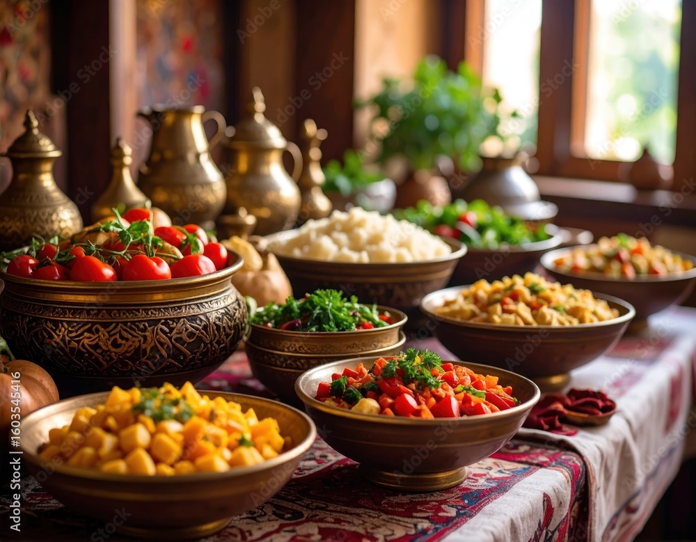 Obraz premium A feast of colorful dishes, arranged in ornate brass bowls on a table