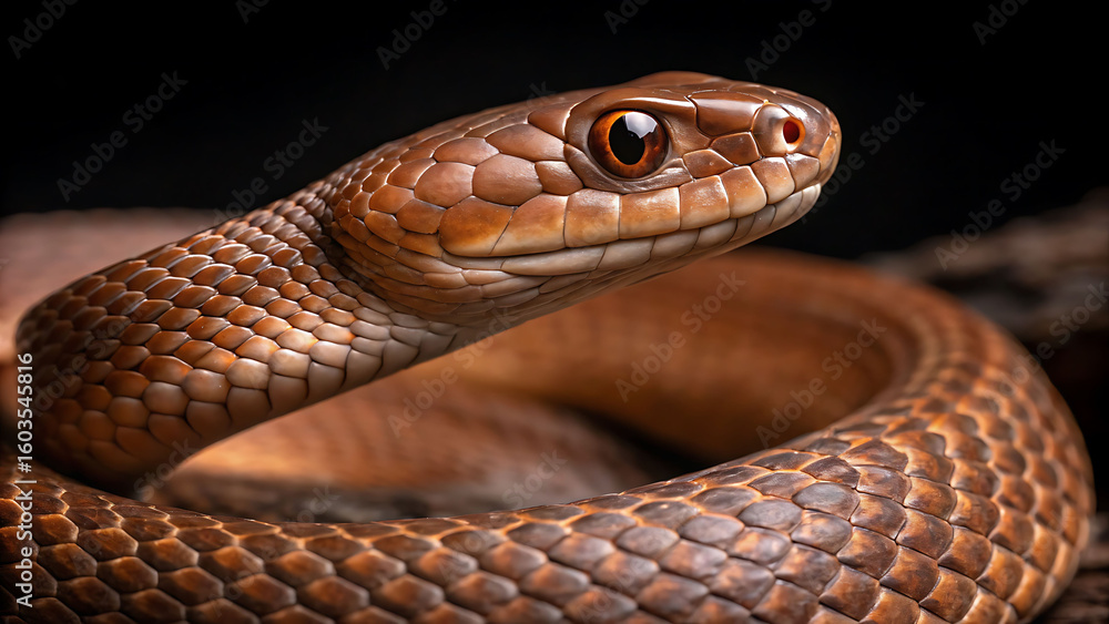 Fototapeta premium Close-Up of Brown Snake with Amber Eyes on Dark Background