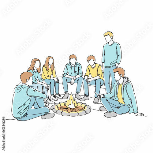 A group of young friends gathered around a warm campfire, engaging in relaxed conversation and fostering community in a minimalist line art illustration.