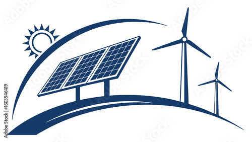 Solar Panels Wind Turbines and Sun Graphic for Renewable Energy.