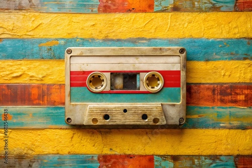 Retro cassette tape with colorful distressed wooden background representing nostalgia and music