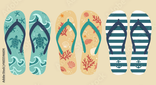 Three pairs of colorful, patterned flip-flops showcasing beach and ocean themes.