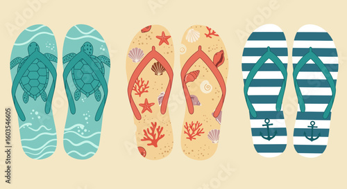 Three pairs of colorful flip-flops, each with unique designs, ready for summer fun.