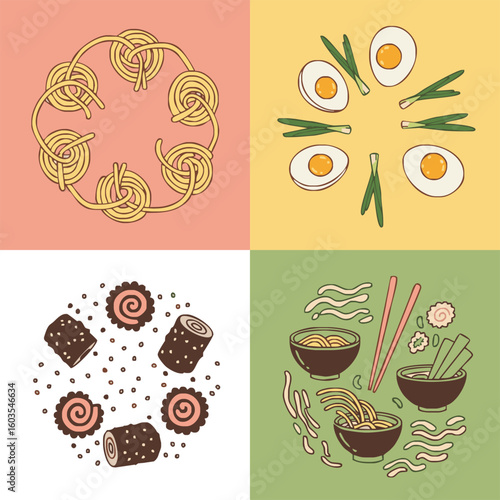 A collage of four illustrations depicting ramen elements: noodles, eggs, kamaboko, and bowls of ramen with chopsticks.