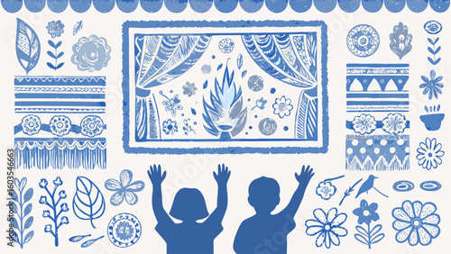 Illustration of children watching a puppet show with floral and geometric decorative elements around it silhouette