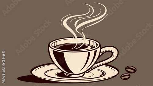 Stylized Coffee Cup with Steam and Beans Illustration.