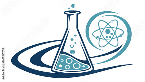 Stylized Science Logo Beaker Atom and Orbital Paths.