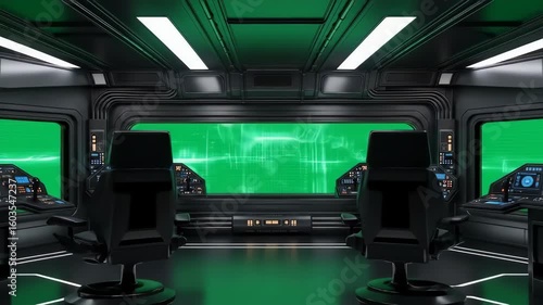 Operating Futuristic Control Console in Dark High Tech Space Station with Wide Screen Display