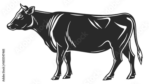 Vintage Style Black and White Cow Illustration.