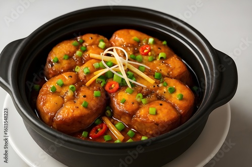 Cá lóc kho tộ- A traditional black clay pot filled with golden-brown braised fish steaks, glistening in a rich, caramelized sauce-Vietnamese traditional food