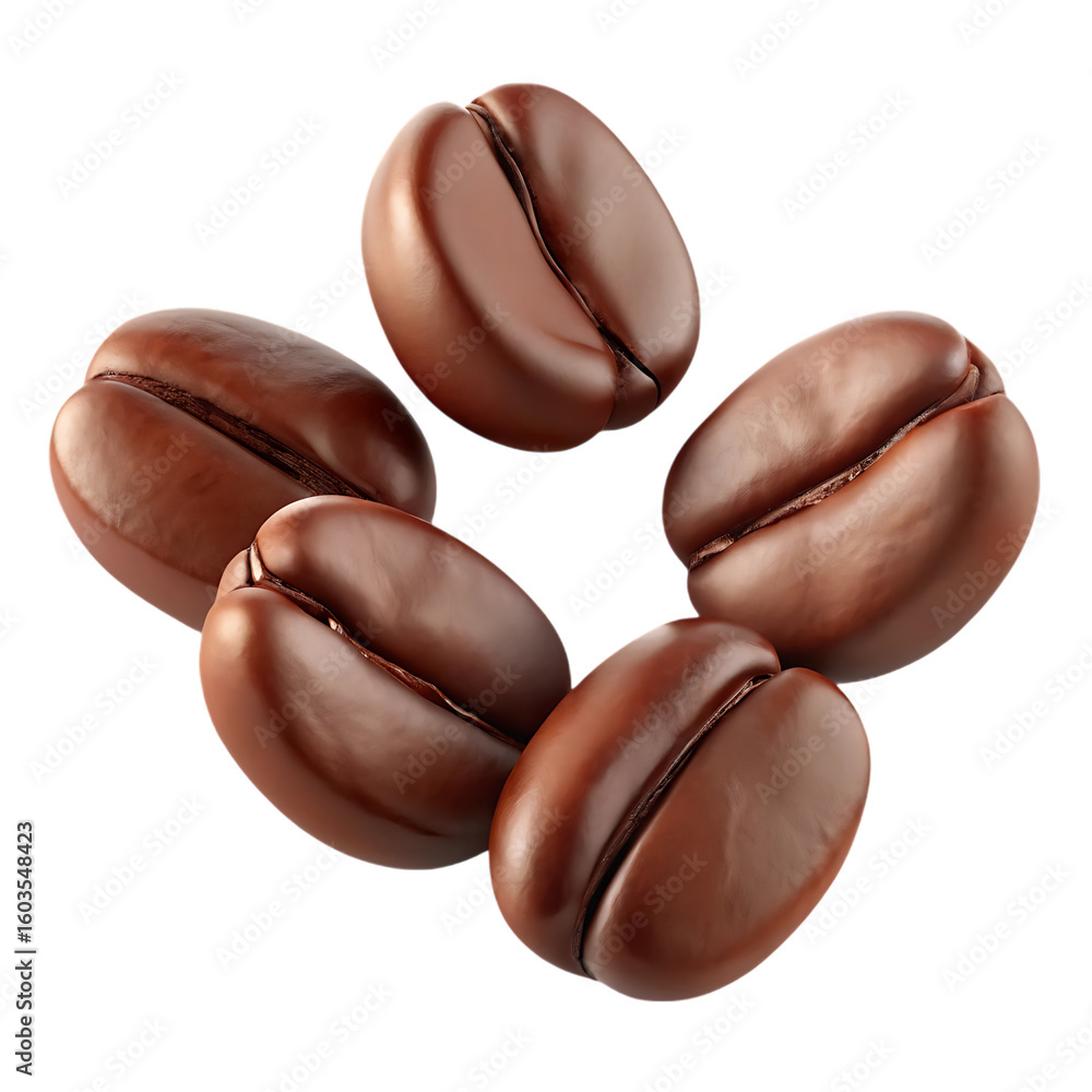 Fototapeta premium Five roasted coffee beans arranged in a circular pattern isolated on transparent background