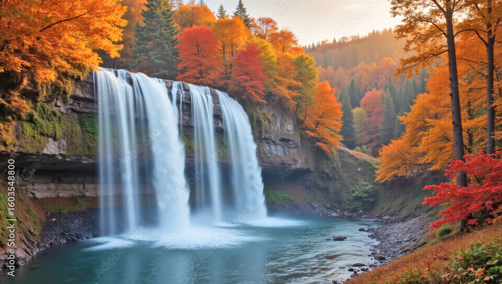 Fototapeta premium Majestic Autumn Waterfall in Golden Forest, Serene Nature Landscape with Vibrant Fall Foliage, Luxury Travel, Wellness & Lifestyle
