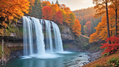 Majestic Autumn Waterfall in Golden Forest, Serene Nature Landscape with Vibrant Fall Foliage, Luxury Travel, Wellness & Lifestyle
