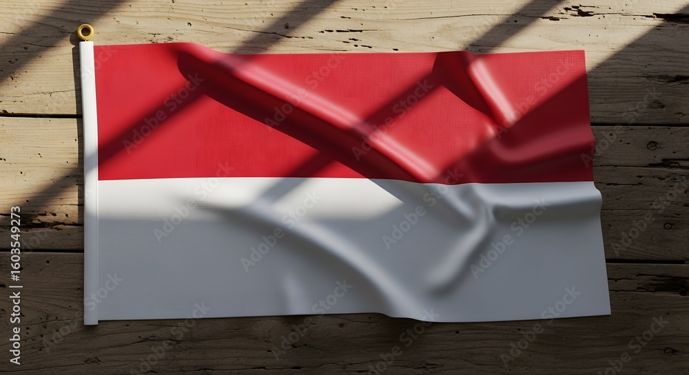 Fototapeta premium Indonesian flag, featuring red and white horizontal stripes, displayed on a wooden surface with shadows.