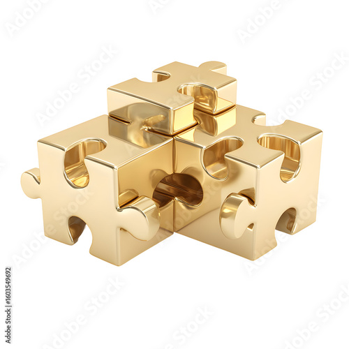 Golden Puzzle: 3D Illustration of Interlocking Pieces Symbolizing Solution and Unity