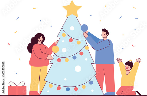 Family decorating Christmas tree with ornaments, festive holiday celebration, joyful anticipation, vector origin