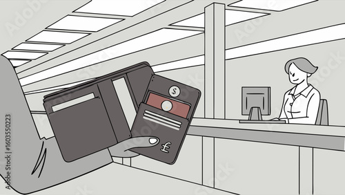 Customer Showing Wallet with Currency to Bank Teller.