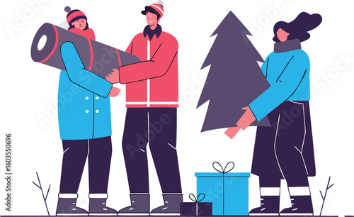 Festive friends bringing home a Christmas tree and presents for the holidays, joy and celebration