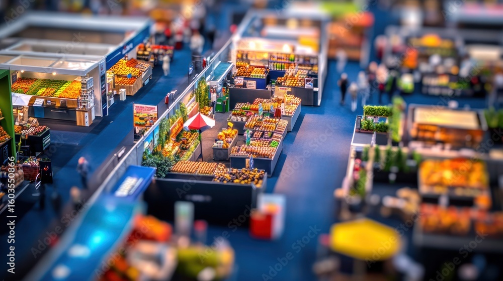 Obraz premium Miniature model of a bustling farmers market with various food stalls, shoppers, and vibrant produce.