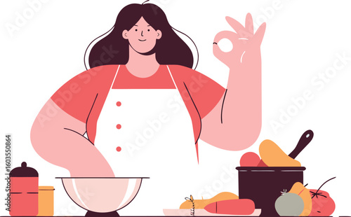 Happy cook preparing healthy vegetarian meal, making okay sign, perfect for recipe blogs and food content