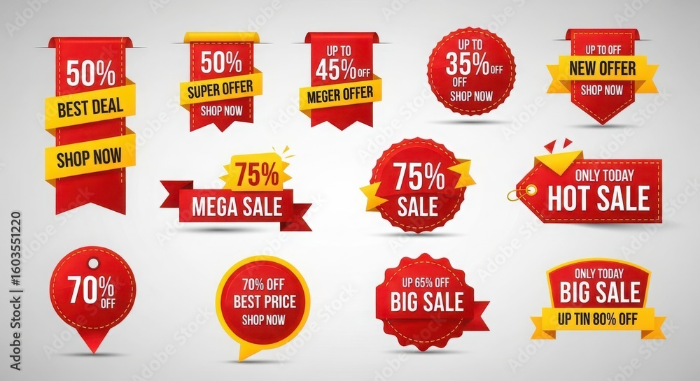 Obraz premium Collection of red and yellow sale tags and banners with discount percentages offer