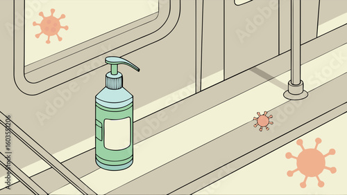 Hand Sanitizer Bottle and Virus Icons in Public Transportation.