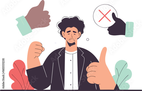 Stressed businessman seeks approval but faces criticism, showcasing emotional business challenges and professional doubts