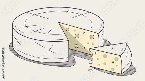 Handdrawn Illustration of a Round Cheese Wheel with Slices.