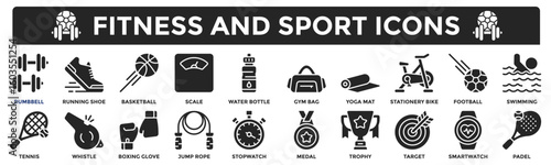Fitness and sport icons collection. Contains dumbbell, running shoe, smartwatch, stationary bike, swimming, boxing glove icons. Simple solid vector illustration.	
