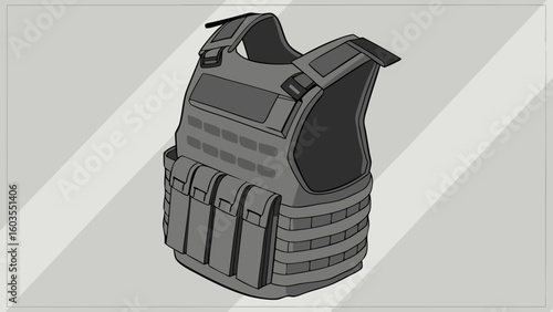 Illustration of a Gray Tactical Vest with Pouches and MOLLE Webbing.